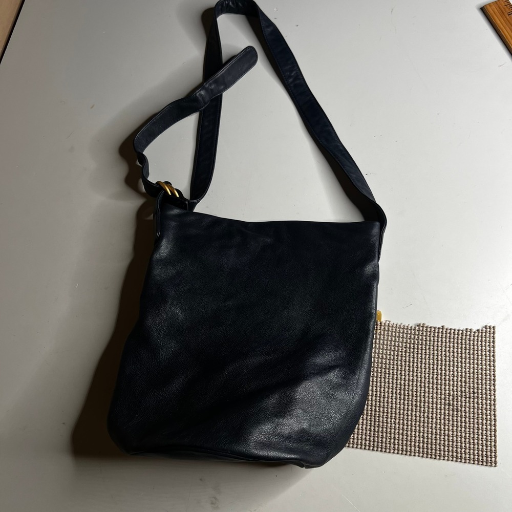 Americana by Sharif Navy Blue Leather Crossbody Bucket Bag Gold Hardware